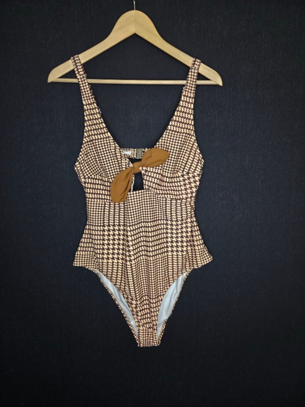 💙 Brown Houndstooth One Piece Swimsuit Size L Tie Front Cutout Retro Preppy
